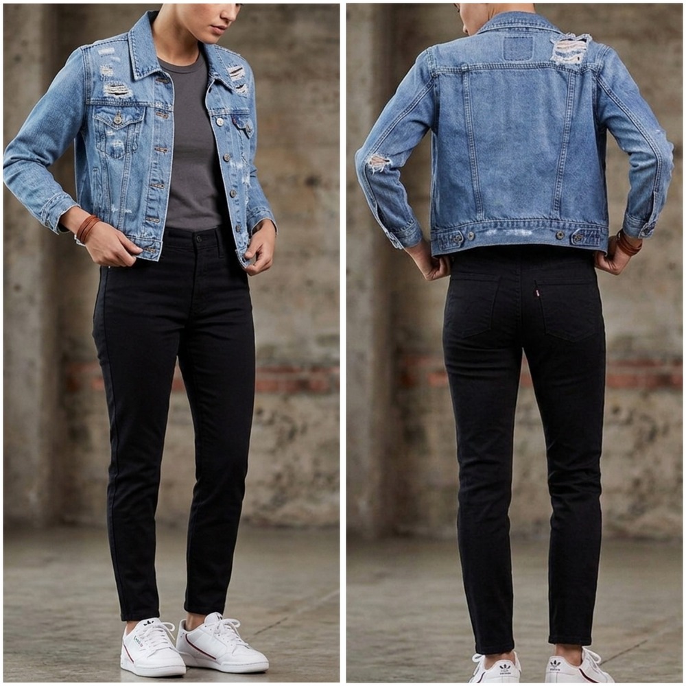 Levis Premium Distressed Denim Trucker Jacket Medium Wash Blue Womens Slim Large